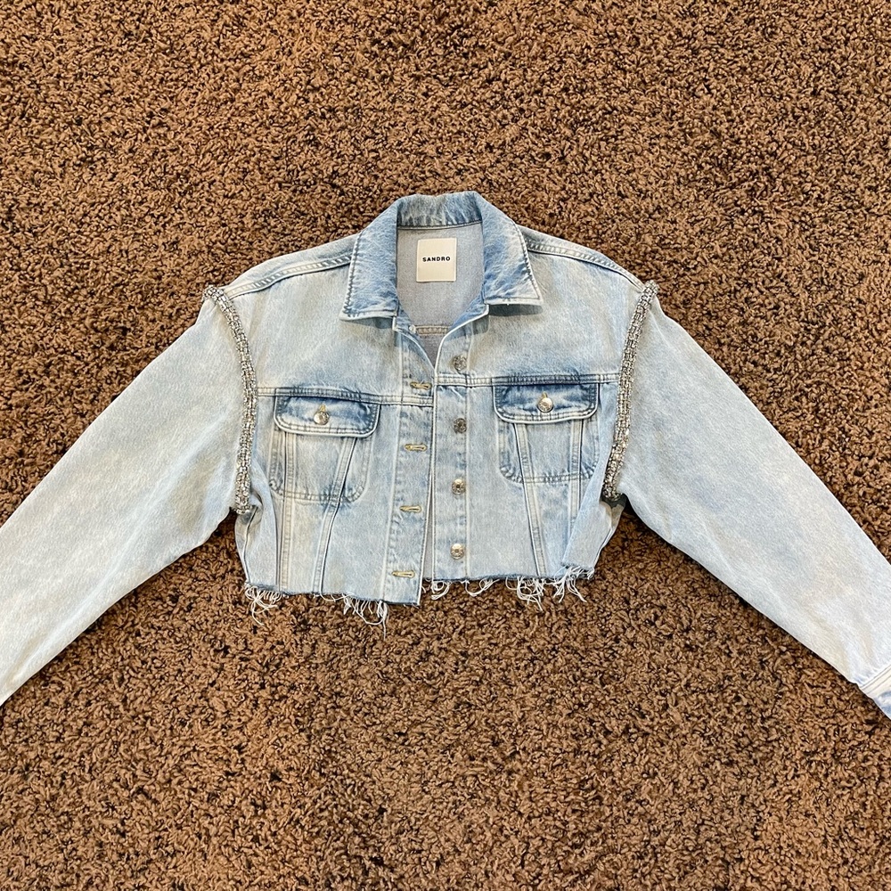 Sandro Rhinestone Cropped Light Blue Denim Jacket